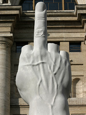 A close up of the powerful statue, a hand with amputated fingers apart from the middle one raised in defiance