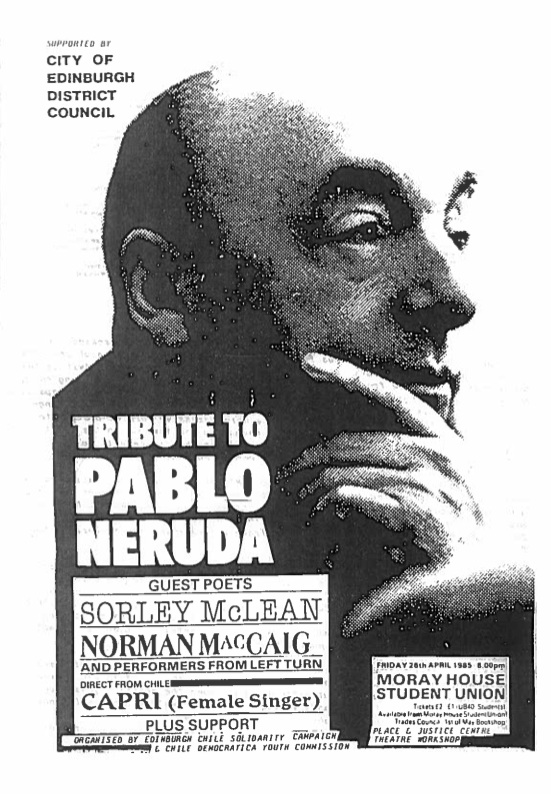 black and white poster for Neruda night featuring Sorley McLean and Norman MacCaiig