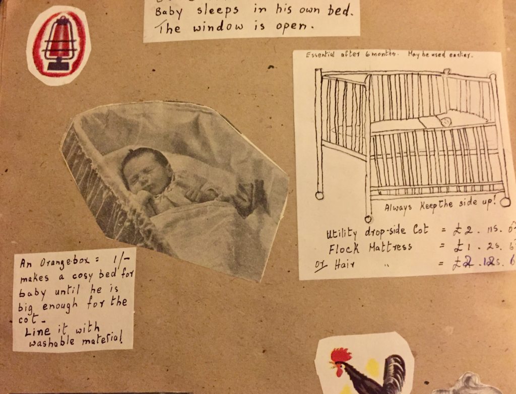 Drawings and photographs illustrating cots, including orange box lined and occupied by sleeping baby