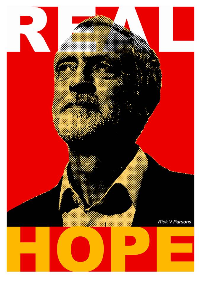 An election poster with words Real Hope imposed on image of Jeremy Corbyn: credit Rik V Parsons