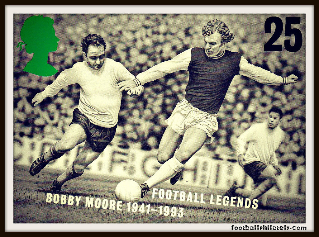 A Royal Mail stamp bearing image of Bobby Moore: image footysphere CC By-SA.20
