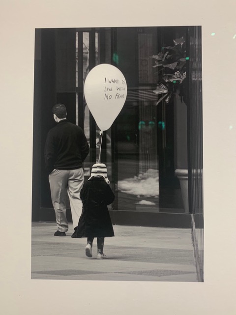 A child holds a white balloon bearing the words 'I want to live with No fear' This was featured in the Bordeaux Contemporary Art Museum as part of an exhibition The Practice of Everyday Life with contributions from activist artists from many countries