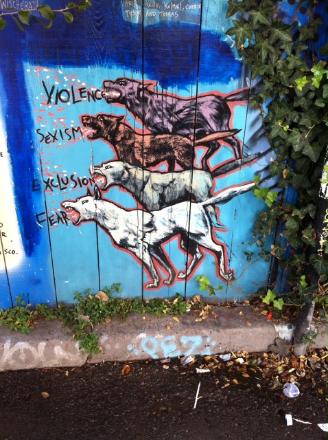 Grafitti from California (2013) showing hounds labelled Violence, Sexism, Exclusion, Fear. Photo Fay Young