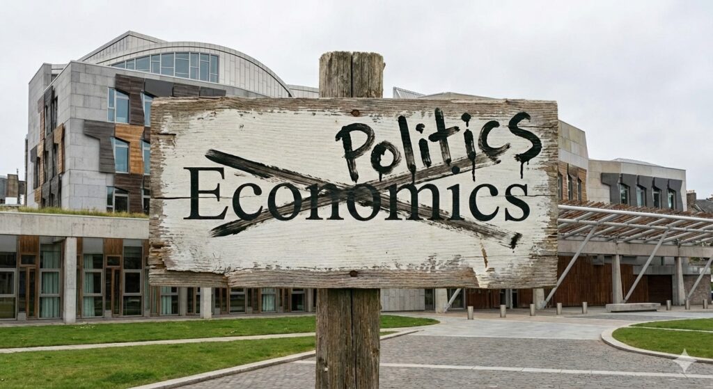 A Gemini AI generated image showing a wooden sign with Economics crossed our and Politics handwritten over it. Scottish Parliament in background