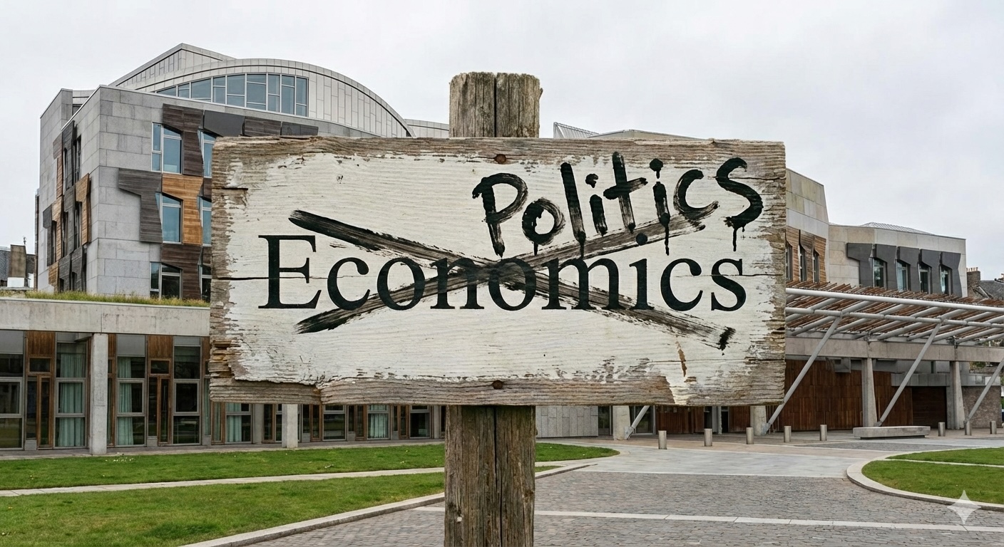 A Gemini AI generated image showing a wooden sign with Economics crossed our and Politics handwritten over it. Scottish Parliament in background