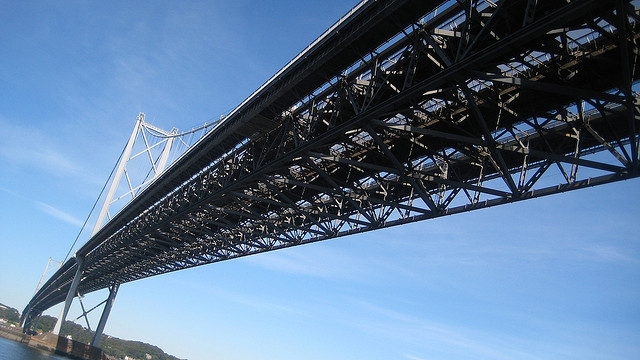 A view of the metal work from beneath the bridge 