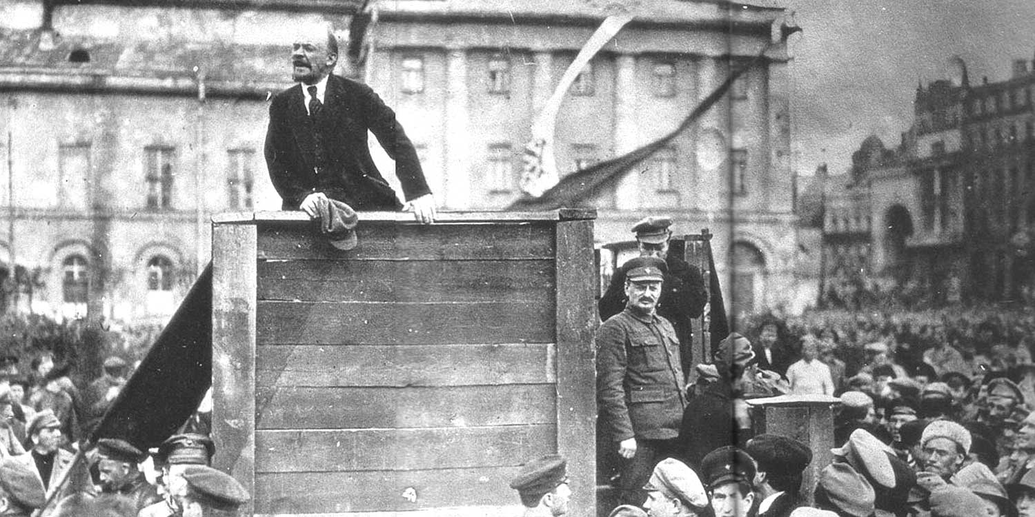 Lenin and Trotsky address the Petrograd crowds