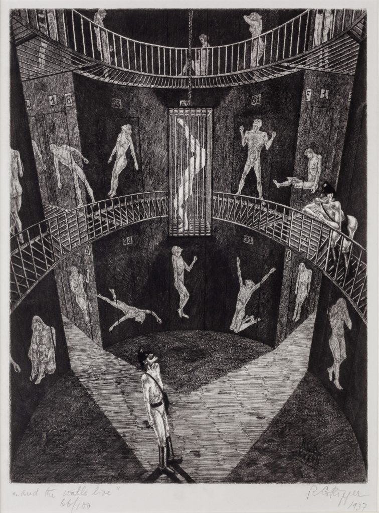 Defense of culture: von Ripper's drawing shows spotlight on guard with surrounding walls lined by souls in torment