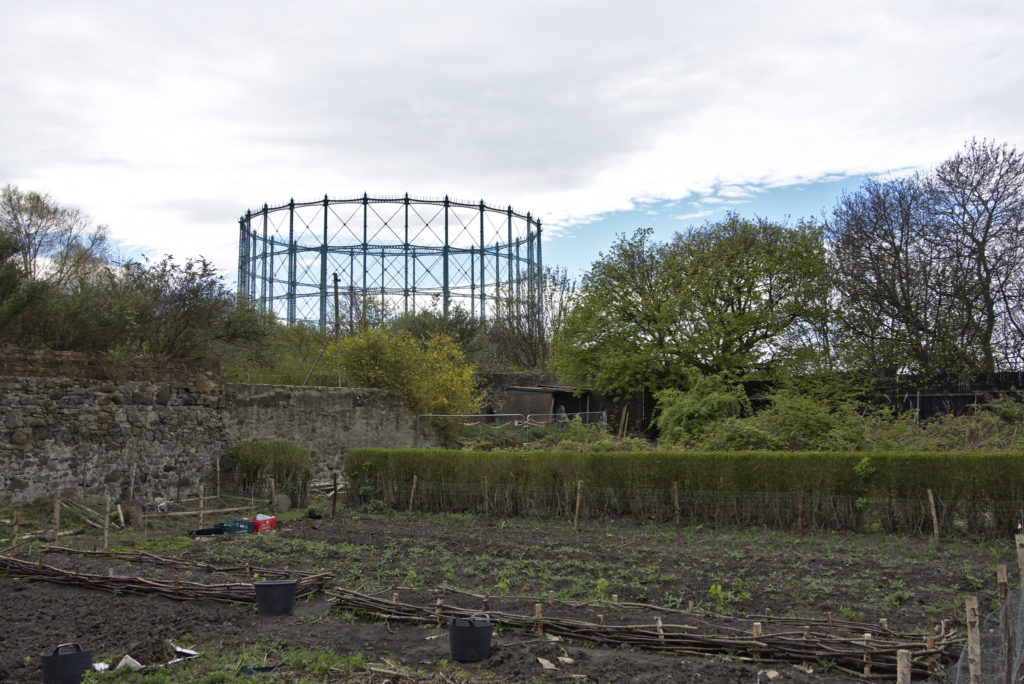 A view of Granton Castle walled garden beneath Granton Gasholder by Magnus Hagdorn CC By-SA 2.0