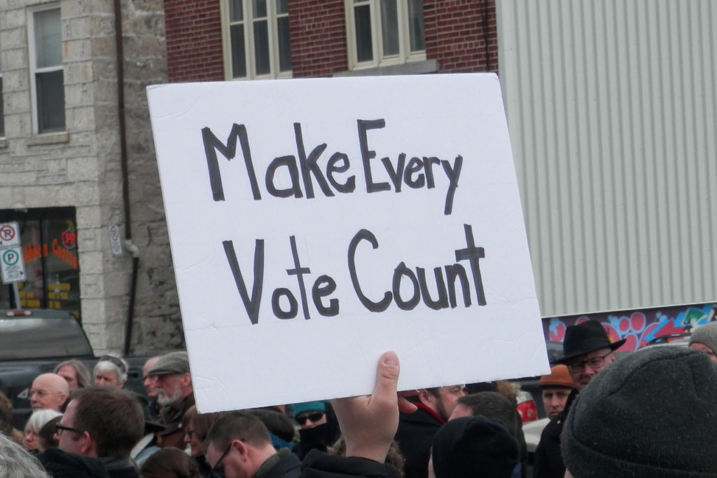 Make Every Vote count, demonstration poster in Guelph, Canada