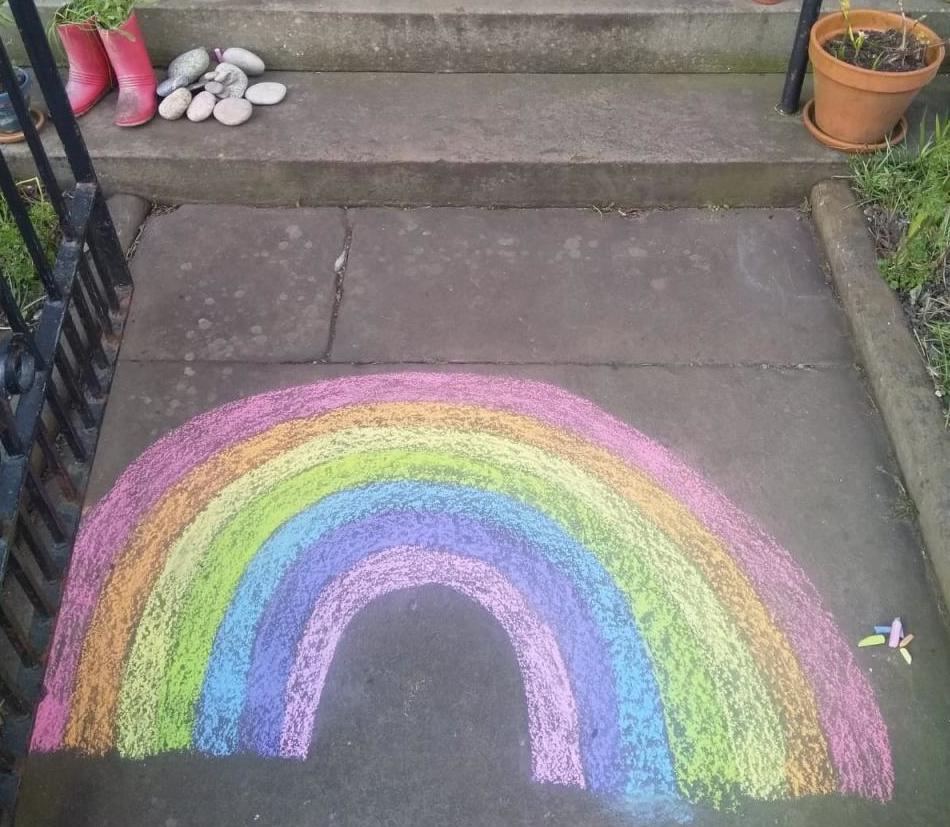 A rainbow chalked on a path: photo MCFB April 2020