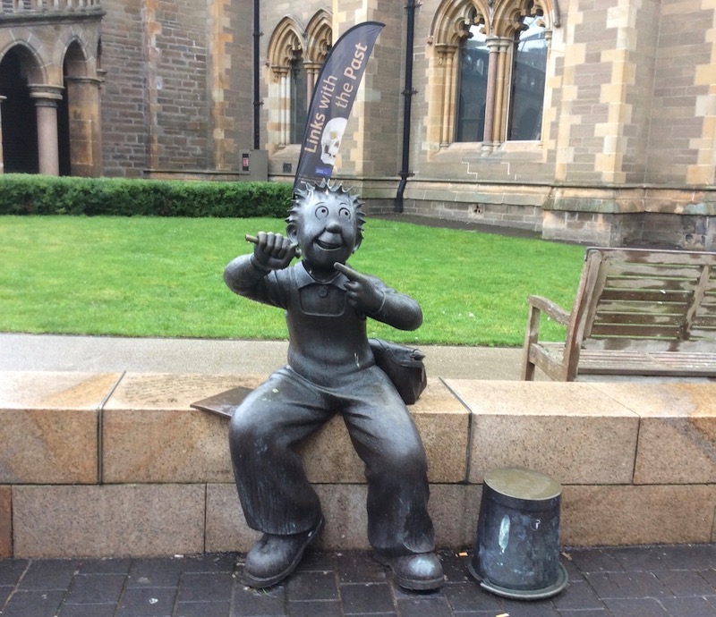 Oor Wullie statue sitting outside the McManus museum in Dundee, a poster saying Links with the Past can be seen behind him: picture Fay Young