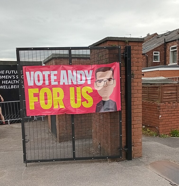 Andy Burnham poster for Makerfield by-election at campaign headquarters in 2026
