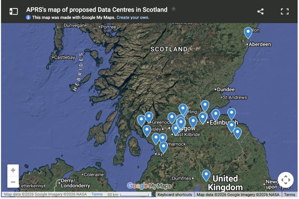 A Google map of planned data centres in Scotland