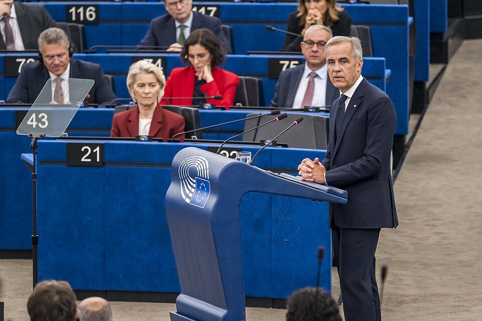 Mark Carney pictured at the podium of the European Parliament 17 September 2026